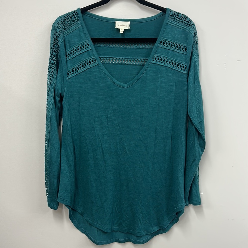 Anthropologie Deletta Laceline Teal Green Lace Inset Long sleeve MP